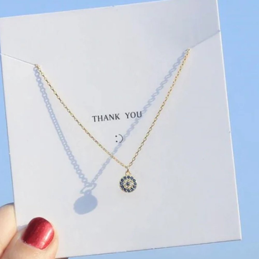 NEW .925 Gold Tone Sterling Silver Evil Eye Necklace w/ Adjustable Chain